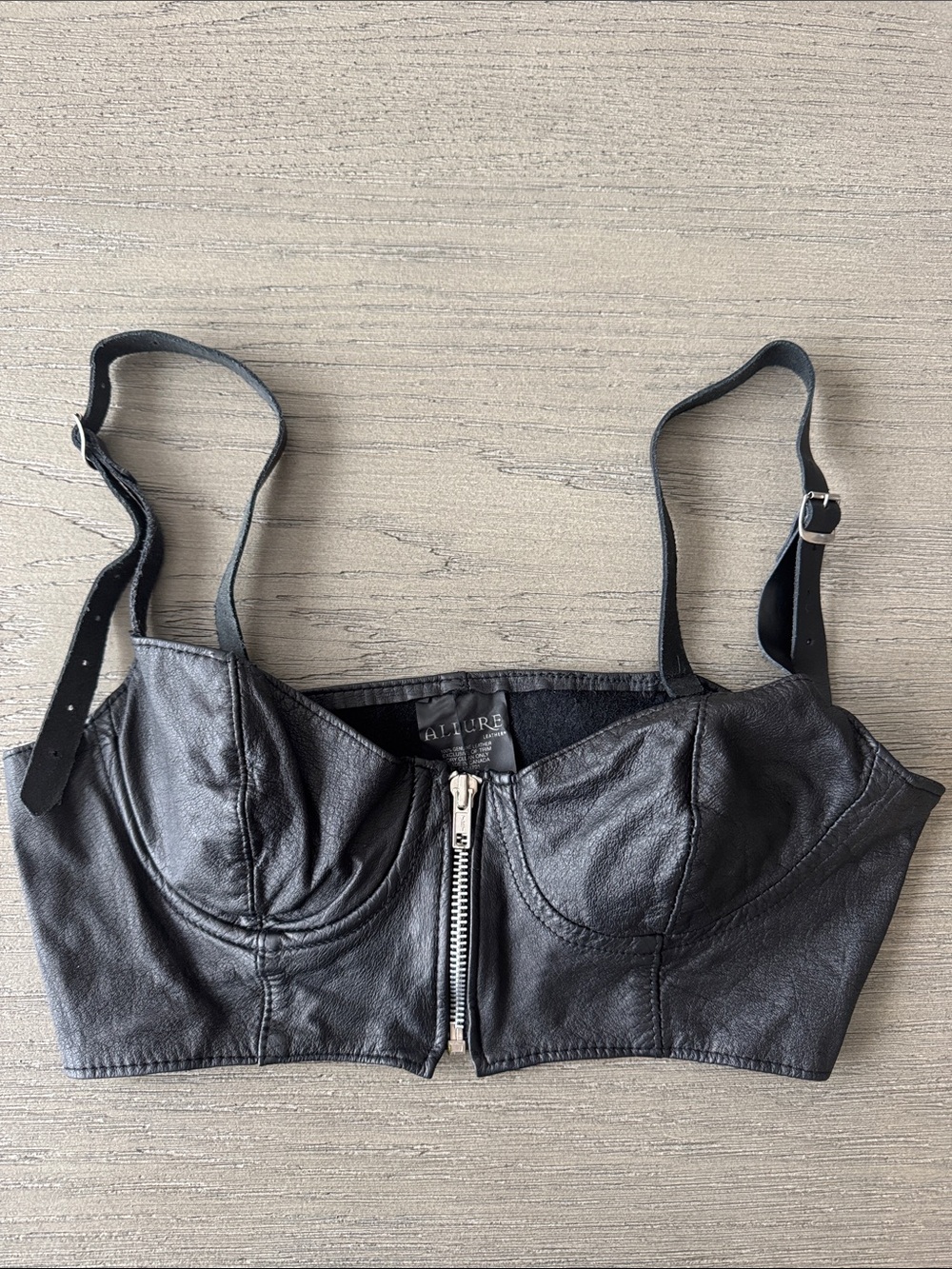 Allure Leather Black Bustier Top with Front Zip, Size M